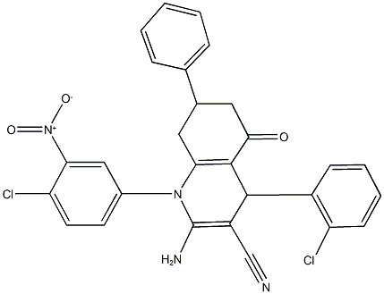 2-amino-1-{4-chloro-3-nitrophenyl}-4-(2-chlorophenyl)-5-oxo-7-phenyl-1,4,5,6,7,8-hexahydroquinoline-3-carbonitrile Struktur