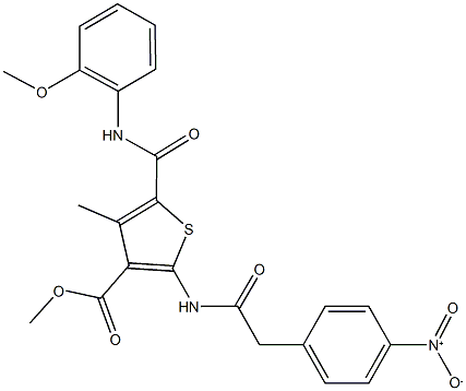 methyl 2-[({4-nitrophenyl}acetyl)amino]-5-[(2-methoxyanilino)carbonyl]-4-methyl-3-thiophenecarboxylate Struktur