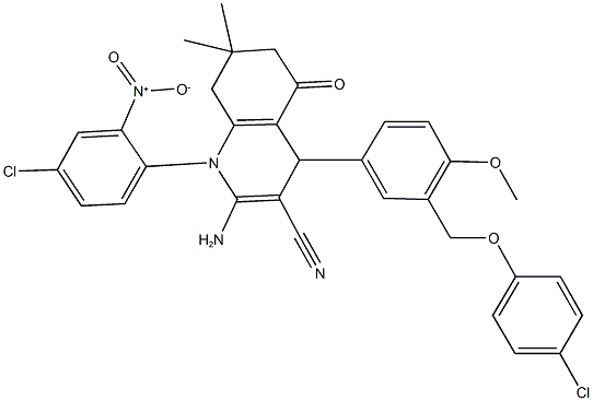 2-amino-1-{4-chloro-2-nitrophenyl}-4-{3-[(4-chlorophenoxy)methyl]-4-methoxyphenyl}-7,7-dimethyl-5-oxo-1,4,5,6,7,8-hexahydro-3-quinolinecarbonitrile Struktur