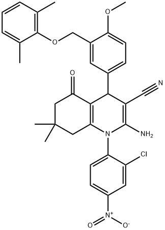 2-amino-1-{2-chloro-4-nitrophenyl}-4-{3-[(2,6-dimethylphenoxy)methyl]-4-methoxyphenyl}-7,7-dimethyl-5-oxo-1,4,5,6,7,8-hexahydroquinoline-3-carbonitrile Struktur