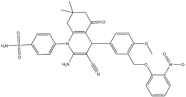 4-(2-amino-3-cyano-4-[3-({2-nitrophenoxy}methyl)-4-methoxyphenyl]-7,7-dimethyl-5-oxo-5,6,7,8-tetrahydroquinolin-1(4H)-yl)benzenesulfonamide Struktur