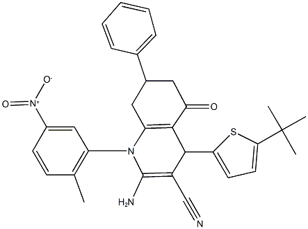 2-amino-4-(5-tert-butylthien-2-yl)-1-{5-nitro-2-methylphenyl}-5-oxo-7-phenyl-1,4,5,6,7,8-hexahydroquinoline-3-carbonitrile Struktur