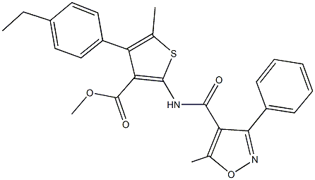 methyl 4-(4-ethylphenyl)-5-methyl-2-{[(5-methyl-3-phenyl-4-isoxazolyl)carbonyl]amino}-3-thiophenecarboxylate Struktur