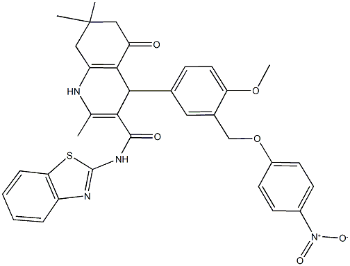 N-(1,3-benzothiazol-2-yl)-4-[3-({4-nitrophenoxy}methyl)-4-methoxyphenyl]-2,7,7-trimethyl-5-oxo-1,4,5,6,7,8-hexahydro-3-quinolinecarboxamide Struktur