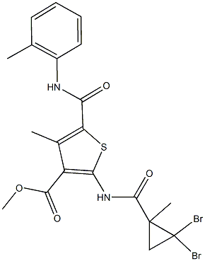 methyl 2-{[(2,2-dibromo-1-methylcyclopropyl)carbonyl]amino}-4-methyl-5-(2-toluidinocarbonyl)-3-thiophenecarboxylate Struktur