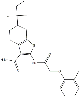 2-{[(2-methylphenoxy)acetyl]amino}-6-tert-pentyl-4,5,6,7-tetrahydro-1-benzothiophene-3-carboxamide Struktur