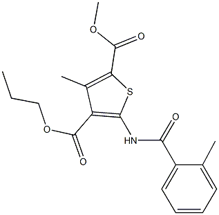 2-methyl 4-propyl 3-methyl-5-[(2-methylbenzoyl)amino]thiophene-2,4-dicarboxylate Struktur