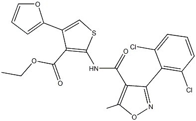 ethyl 2-({[3-(2,6-dichlorophenyl)-5-methylisoxazol-4-yl]carbonyl}amino)-4-(2-furyl)thiophene-3-carboxylate Struktur