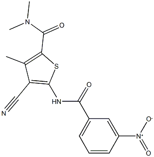 4-cyano-5-({3-nitrobenzoyl}amino)-N,N,3-trimethylthiophene-2-carboxamide Struktur