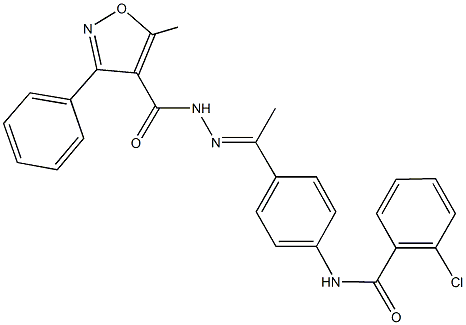 2-chloro-N-(4-{N-[(5-methyl-3-phenyl-4-isoxazolyl)carbonyl]ethanehydrazonoyl}phenyl)benzamide Struktur