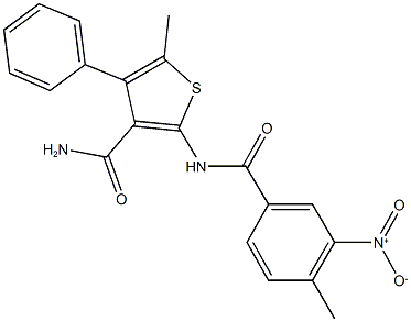 2-({3-nitro-4-methylbenzoyl}amino)-5-methyl-4-phenylthiophene-3-carboxamide Struktur