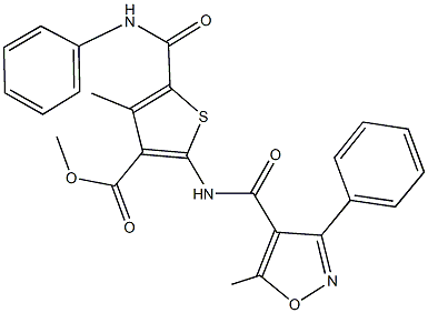 methyl 5-(anilinocarbonyl)-4-methyl-2-{[(5-methyl-3-phenyl-4-isoxazolyl)carbonyl]amino}-3-thiophenecarboxylate Struktur