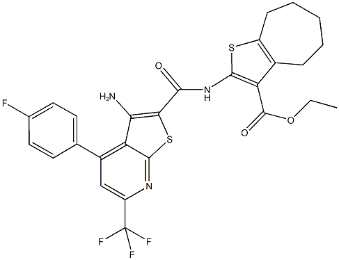 ethyl 2-({[3-amino-4-(4-fluorophenyl)-6-(trifluoromethyl)thieno[2,3-b]pyridin-2-yl]carbonyl}amino)-5,6,7,8-tetrahydro-4H-cyclohepta[b]thiophene-3-carboxylate Struktur