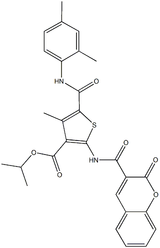 isopropyl 5-[(2,4-dimethylanilino)carbonyl]-4-methyl-2-{[(2-oxo-2H-chromen-3-yl)carbonyl]amino}-3-thiophenecarboxylate Struktur