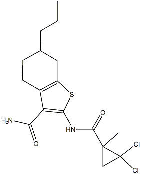 2-{[(2,2-dichloro-1-methylcyclopropyl)carbonyl]amino}-6-propyl-4,5,6,7-tetrahydro-1-benzothiophene-3-carboxamide Struktur