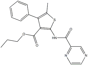 propyl 5-methyl-4-phenyl-2-[(2-pyrazinylcarbonyl)amino]-3-thiophenecarboxylate Struktur