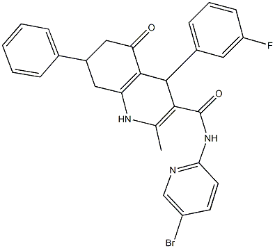 N-(5-bromo-2-pyridinyl)-4-(3-fluorophenyl)-2-methyl-5-oxo-7-phenyl-1,4,5,6,7,8-hexahydro-3-quinolinecarboxamide Struktur