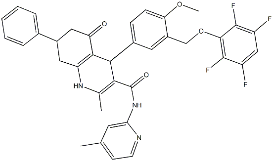 4-{4-methoxy-3-[(2,3,5,6-tetrafluorophenoxy)methyl]phenyl}-2-methyl-N-(4-methyl-2-pyridinyl)-5-oxo-7-phenyl-1,4,5,6,7,8-hexahydro-3-quinolinecarboxamide Struktur