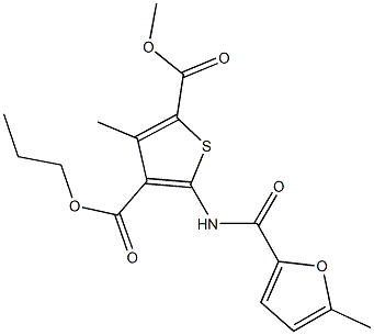 2-methyl 4-propyl 3-methyl-5-[(5-methyl-2-furoyl)amino]-2,4-thiophenedicarboxylate Struktur