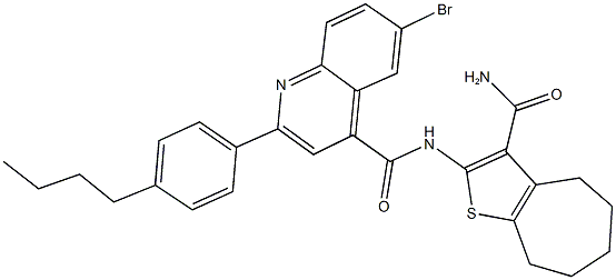 N-[3-(aminocarbonyl)-5,6,7,8-tetrahydro-4H-cyclohepta[b]thien-2-yl]-6-bromo-2-(4-butylphenyl)-4-quinolinecarboxamide Struktur