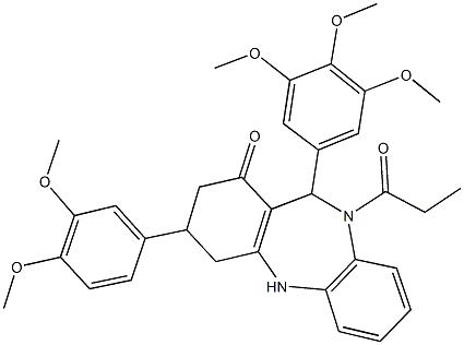 3-(3,4-dimethoxyphenyl)-10-propionyl-11-(3,4,5-trimethoxyphenyl)-2,3,4,5,10,11-hexahydro-1H-dibenzo[b,e][1,4]diazepin-1-one Struktur