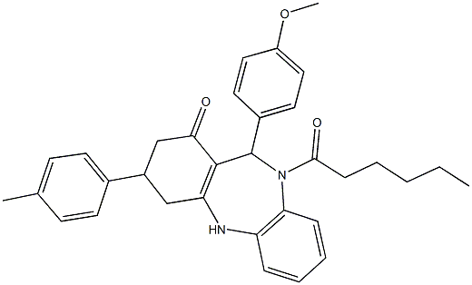 10-hexanoyl-11-(4-methoxyphenyl)-3-(4-methylphenyl)-2,3,4,5,10,11-hexahydro-1H-dibenzo[b,e][1,4]diazepin-1-one Struktur