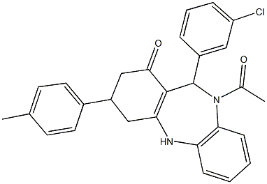 10-acetyl-11-(3-chlorophenyl)-3-(4-methylphenyl)-2,3,4,5,10,11-hexahydro-1H-dibenzo[b,e][1,4]diazepin-1-one Struktur