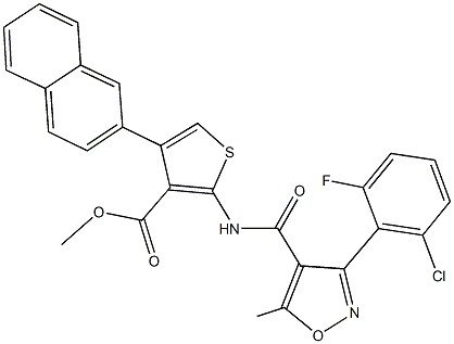 methyl 2-({[3-(2-chloro-6-fluorophenyl)-5-methyl-4-isoxazolyl]carbonyl}amino)-4-(2-naphthyl)-3-thiophenecarboxylate Struktur