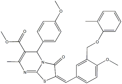 methyl 2-{4-methoxy-3-[(2-methylphenoxy)methyl]benzylidene}-5-(4-methoxyphenyl)-7-methyl-3-oxo-2,3-dihydro-5H-[1,3]thiazolo[3,2-a]pyrimidine-6-carboxylate Struktur