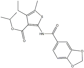 isopropyl 2-[(1,3-benzodioxol-5-ylcarbonyl)amino]-4-ethyl-5-methyl-3-thiophenecarboxylate Struktur