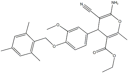 ethyl 6-amino-5-cyano-4-[4-(mesitylmethoxy)-3-methoxyphenyl]-2-methyl-4H-pyran-3-carboxylate Struktur