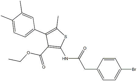 ethyl 2-{[(4-bromophenyl)acetyl]amino}-4-(3,4-dimethylphenyl)-5-methyl-3-thiophenecarboxylate Struktur