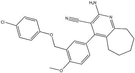 2-amino-4-{3-[(4-chlorophenoxy)methyl]-4-methoxyphenyl}-6,7,8,9-tetrahydro-5H-cyclohepta[b]pyridine-3-carbonitrile Struktur