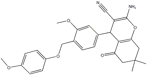 2-amino-4-{3-methoxy-4-[(4-methoxyphenoxy)methyl]phenyl}-7,7-dimethyl-5-oxo-5,6,7,8-tetrahydro-4H-chromene-3-carbonitrile Struktur