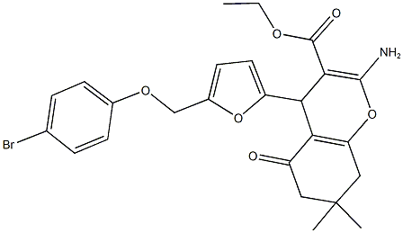 ethyl 2-amino-4-{5-[(4-bromophenoxy)methyl]-2-furyl}-7,7-dimethyl-5-oxo-5,6,7,8-tetrahydro-4H-chromene-3-carboxylate Struktur