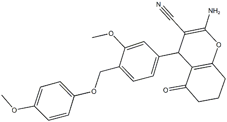 2-amino-4-{3-methoxy-4-[(4-methoxyphenoxy)methyl]phenyl}-5-oxo-5,6,7,8-tetrahydro-4H-chromene-3-carbonitrile Struktur