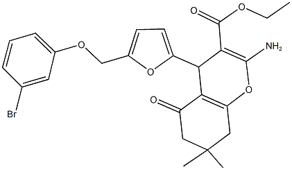 ethyl 2-amino-4-{5-[(3-bromophenoxy)methyl]-2-furyl}-7,7-dimethyl-5-oxo-5,6,7,8-tetrahydro-4H-chromene-3-carboxylate Struktur