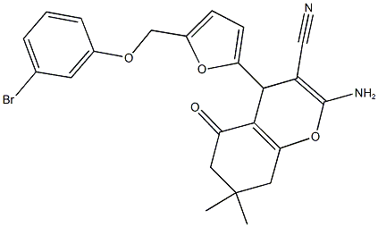 2-amino-4-{5-[(3-bromophenoxy)methyl]-2-furyl}-7,7-dimethyl-5-oxo-5,6,7,8-tetrahydro-4H-chromene-3-carbonitrile Struktur