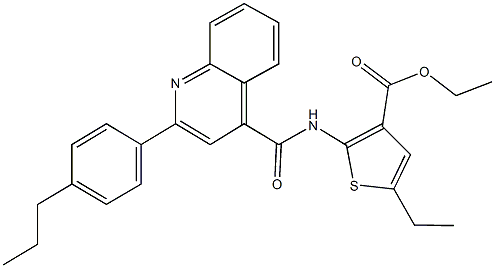 ethyl 5-ethyl-2-({[2-(4-propylphenyl)-4-quinolinyl]carbonyl}amino)-3-thiophenecarboxylate Struktur