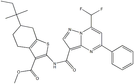 methyl 2-({[7-(difluoromethyl)-5-phenylpyrazolo[1,5-a]pyrimidin-3-yl]carbonyl}amino)-6-tert-pentyl-4,5,6,7-tetrahydro-1-benzothiophene-3-carboxylate Struktur