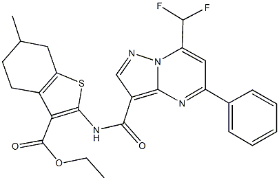 ethyl 2-({[7-(difluoromethyl)-5-phenylpyrazolo[1,5-a]pyrimidin-3-yl]carbonyl}amino)-6-methyl-4,5,6,7-tetrahydro-1-benzothiophene-3-carboxylate Struktur