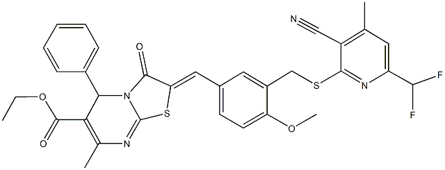 ethyl 2-[3-({[3-cyano-6-(difluoromethyl)-4-methyl-2-pyridinyl]sulfanyl}methyl)-4-methoxybenzylidene]-7-methyl-3-oxo-5-phenyl-2,3-dihydro-5H-[1,3]thiazolo[3,2-a]pyrimidine-6-carboxylate Struktur