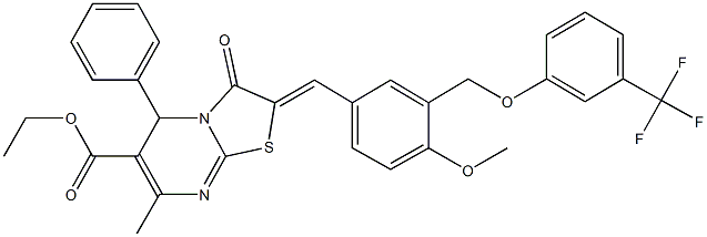 ethyl 2-(4-methoxy-3-{[3-(trifluoromethyl)phenoxy]methyl}benzylidene)-7-methyl-3-oxo-5-phenyl-2,3-dihydro-5H-[1,3]thiazolo[3,2-a]pyrimidine-6-carboxylate Struktur