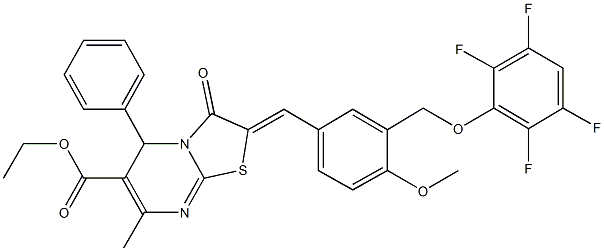 ethyl 2-{4-methoxy-3-[(2,3,5,6-tetrafluorophenoxy)methyl]benzylidene}-7-methyl-3-oxo-5-phenyl-2,3-dihydro-5H-[1,3]thiazolo[3,2-a]pyrimidine-6-carboxylate Struktur