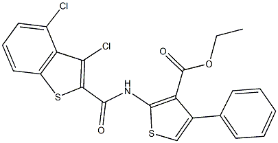 ethyl 2-{[(3,4-dichloro-1-benzothien-2-yl)carbonyl]amino}-4-phenyl-3-thiophenecarboxylate Struktur