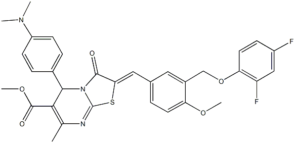 methyl 2-{3-[(2,4-difluorophenoxy)methyl]-4-methoxybenzylidene}-5-[4-(dimethylamino)phenyl]-7-methyl-3-oxo-2,3-dihydro-5H-[1,3]thiazolo[3,2-a]pyrimidine-6-carboxylate Struktur