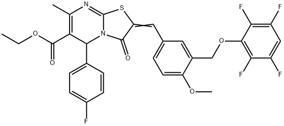 ethyl 5-(4-fluorophenyl)-2-{4-methoxy-3-[(2,3,5,6-tetrafluorophenoxy)methyl]benzylidene}-7-methyl-3-oxo-2,3-dihydro-5H-[1,3]thiazolo[3,2-a]pyrimidine-6-carboxylate Struktur