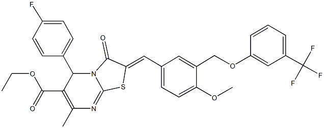 ethyl 5-(4-fluorophenyl)-2-(4-methoxy-3-{[3-(trifluoromethyl)phenoxy]methyl}benzylidene)-7-methyl-3-oxo-2,3-dihydro-5H-[1,3]thiazolo[3,2-a]pyrimidine-6-carboxylate Struktur