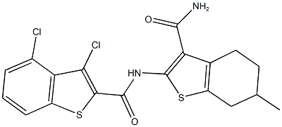 N-[3-(aminocarbonyl)-6-methyl-4,5,6,7-tetrahydro-1-benzothien-2-yl]-3,4-dichloro-1-benzothiophene-2-carboxamide Struktur