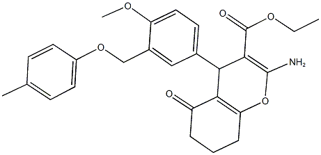 ethyl 2-amino-4-{4-methoxy-3-[(4-methylphenoxy)methyl]phenyl}-5-oxo-5,6,7,8-tetrahydro-4H-chromene-3-carboxylate Struktur